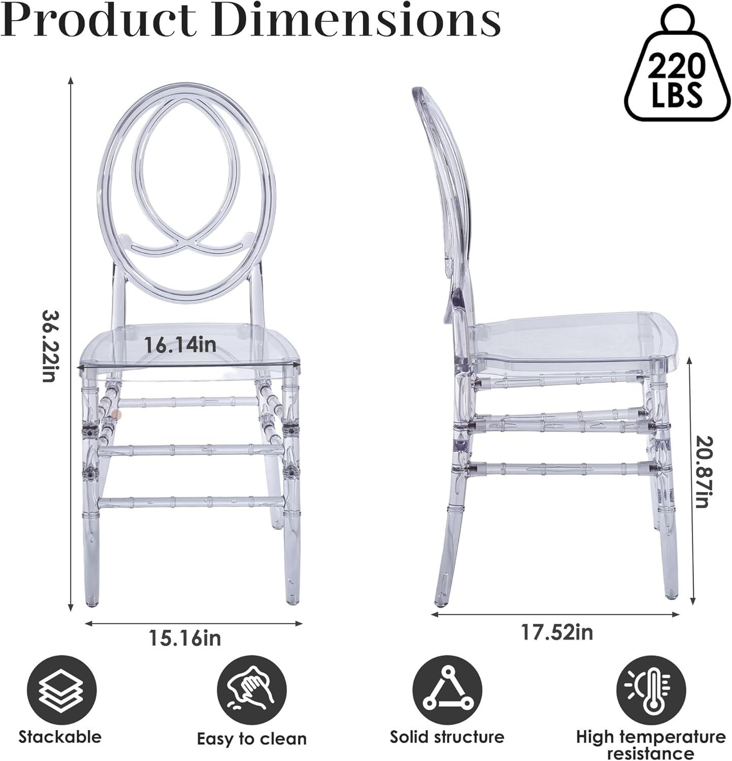 Clear Acrylic Chiavari Chairs, Modern Dining Chairs Set of 4, Accent Event Ghost Chairs for Wedding Party Event Reception Oval High-Back