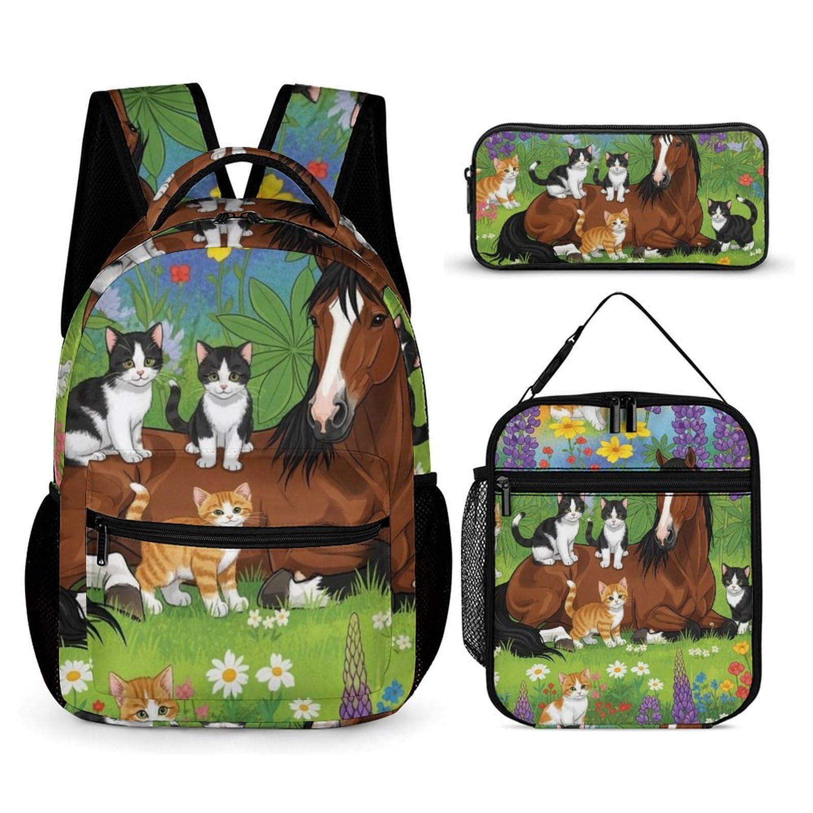 Conjunto de mochila con estampado de flores, caballo y gato, que incluye fiambrera, neceser y estuche de maquillaje.