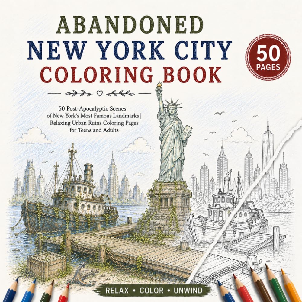 Abandoned New York City Coloring Book: 50 Post-Apocalyptic Scenes of New York's Most Famous Landmarks | Relaxing Urban Ruins Coloring Pages for Teens and Adults