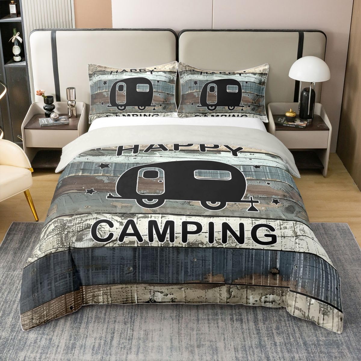 Homewish Happy Camping podwójna pościel zestaw czarny kamper bawełna poszewka na kołdrę vintage drewniane deski poszewka na kołdrę rustykalne zestawy łóżek wiejskich