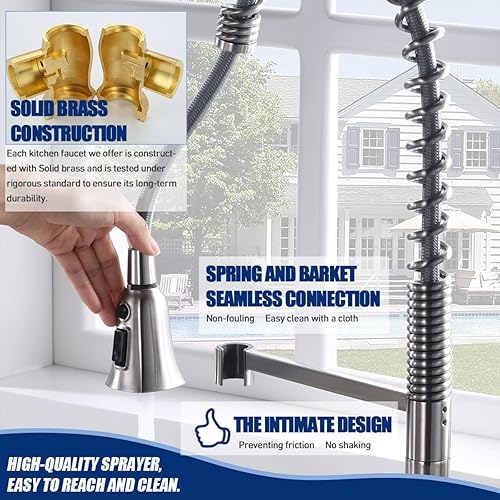 Miniatura 4 de Grifos de cocina de latón macizo con rociador extraíble, manija única comercial con botón de pausa, grifo de fregadero de cocina de alto estándar de