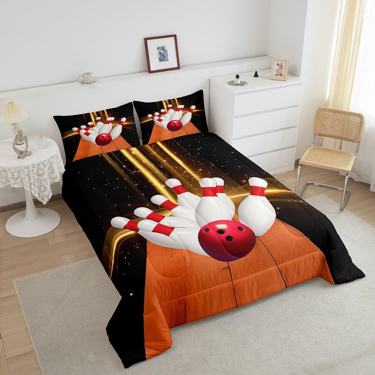 Homewish Bowling Comforter for Boys Kids,Bowling Ball Comforter Set Queen Size Home Decor,Soft Sports Games Bedding Set,Bowling Lovers Teens Bedroom Down Duvet,1 Comforter with 2 Pillowcases