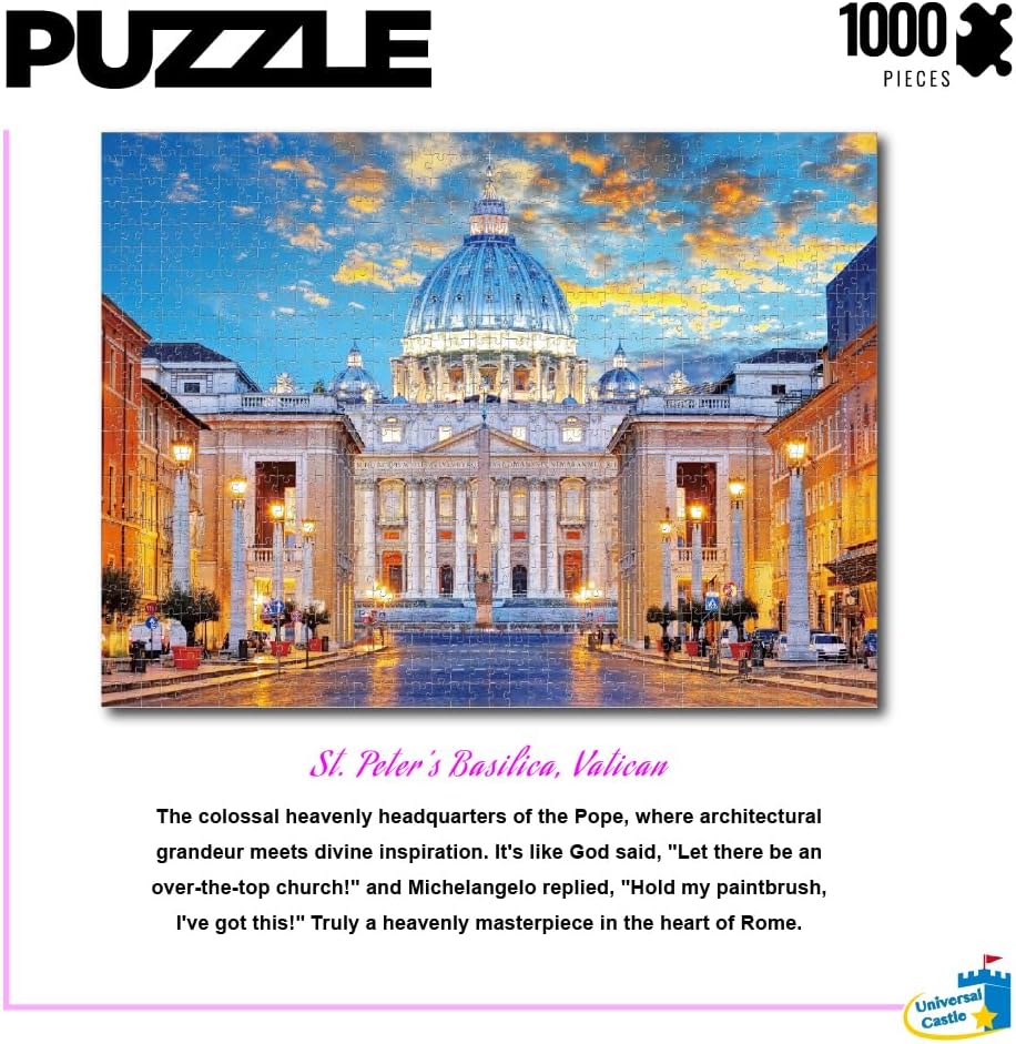 1000 Pieces Jigsaw Puzzles for Adults Landscape Panorama Italy Sense Photo Classic Impossible Puzzle (St. Peter's Basilica, Vatican)