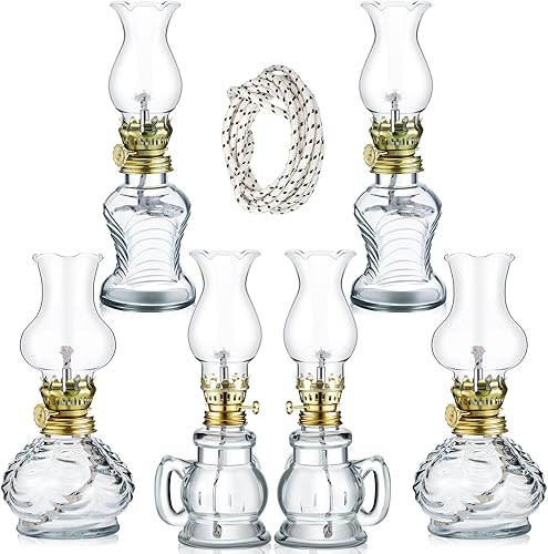 Yexiya 6 lámparas de aceite vintage de vidrio de queroseno, lámpara rústica, cámara de queroseno transparente de aceite, huracán con mecha extra de