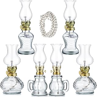 Yexiya 6 Pcs Oil Lamp Vintage Glass Kerosene Lamp Rustic Lantern Chamber Oil Clear Kerosene Hurricane with 6.6 ft Extra Wick for Indoor Use Home Decor Emergency (Simple)
