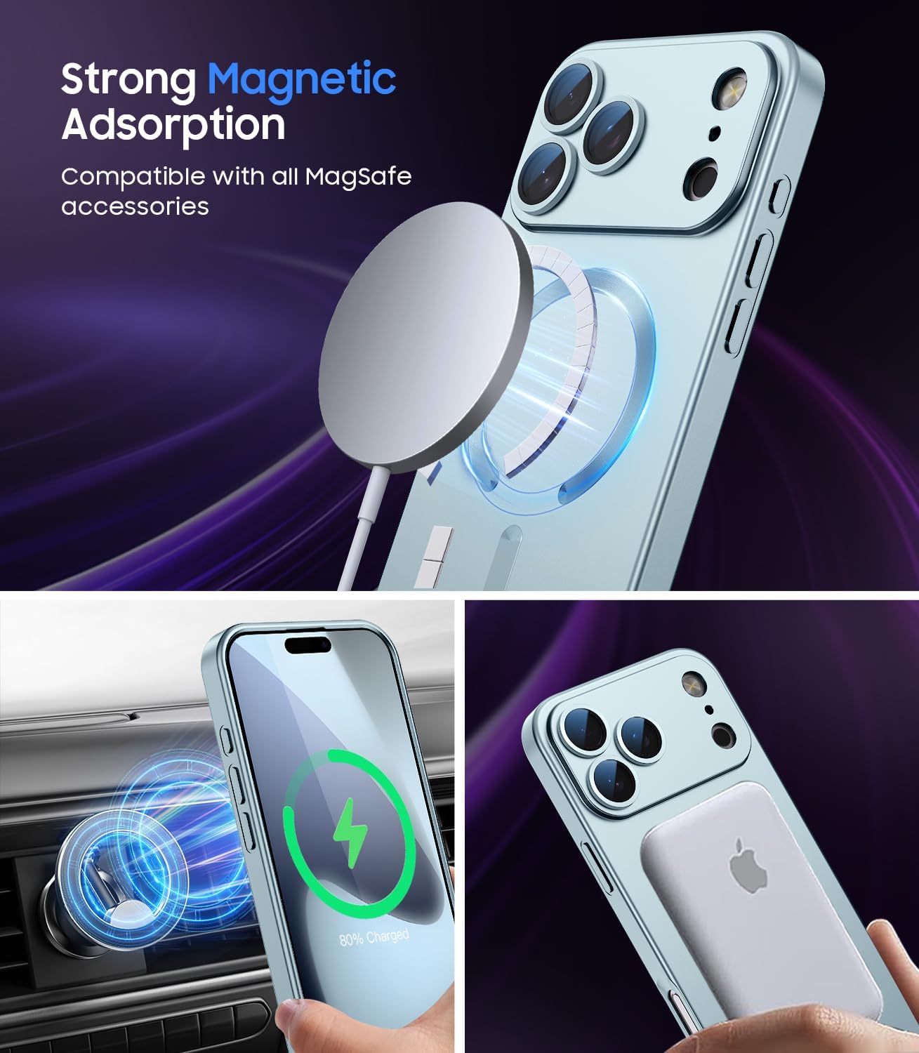 LEKEVO Magnetic for 18 Pro Max Case [Compatible with MagSafe][Built-in Camera Lens Protector] Slim Thin Soft Silicone Bumper Shockproof Metallic Luster Phone Case (Light Blue) image 2