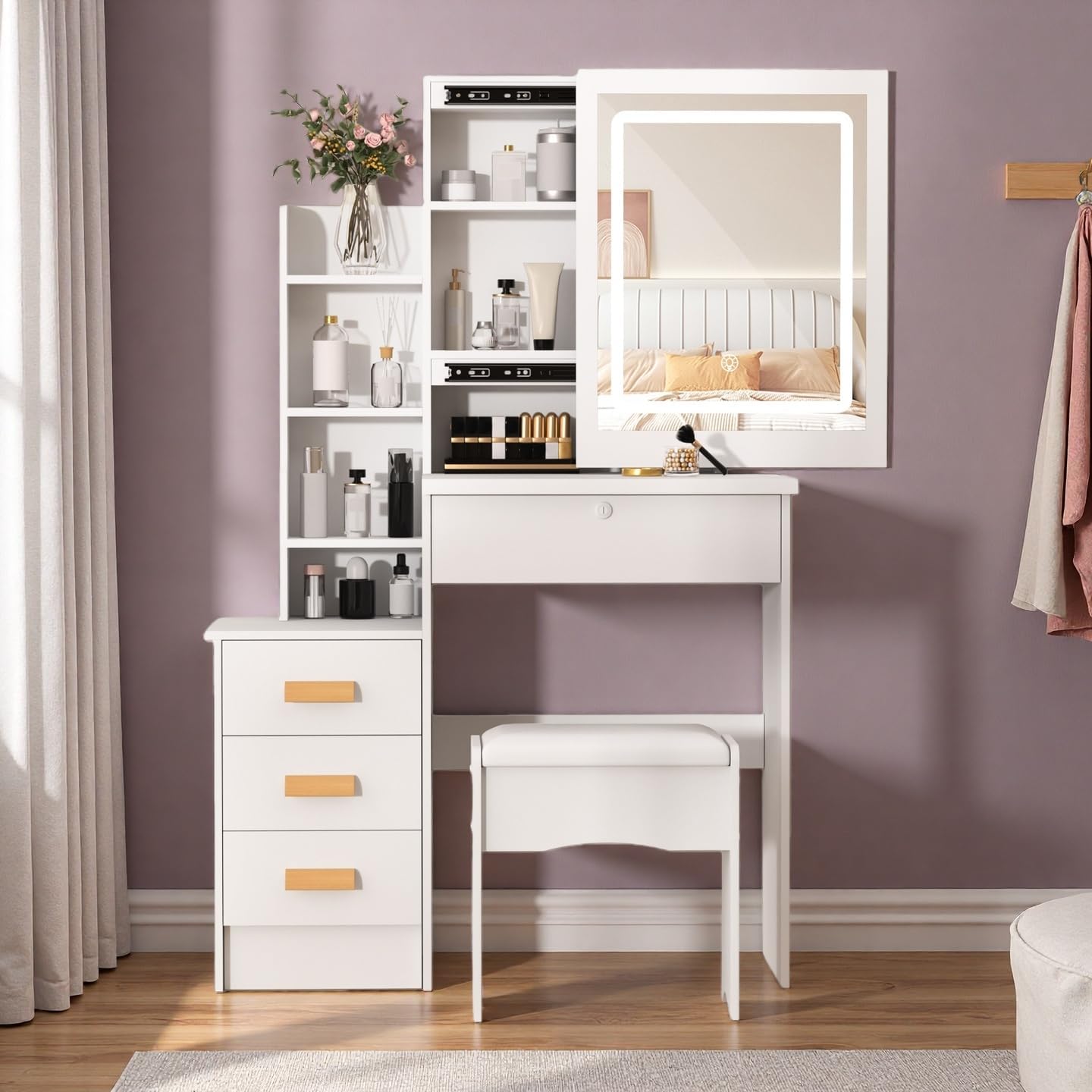 Dressing Table with LED Lights and Adjustable Brightness, Vanity Desk with Mirror, 4 Drawers, 6 Hidden Shelves, and Stool, Makeup Desk for Bedroom, Modern Makeup Table with Mirror and Chair (White) - Amazon product rated Grade B