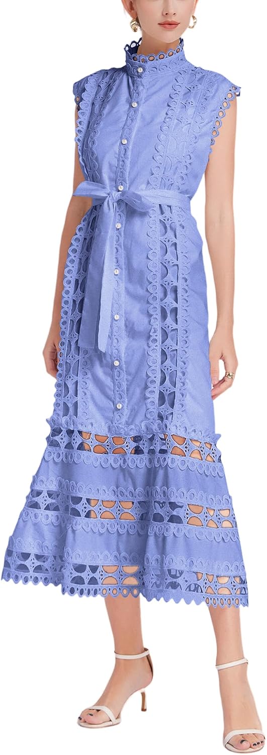 Women Lace Hollow Out Dress Party Midi Casual Sleeveless Button High Neck Dresses with Belt