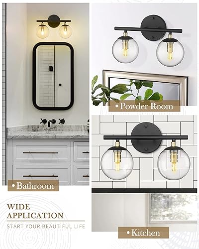 Miniatura 3 de LMS LMS-173 - Lámpara de baño con 2 luces, acabado negro y dorado de latón con cristal de globo transparente, LMS-173