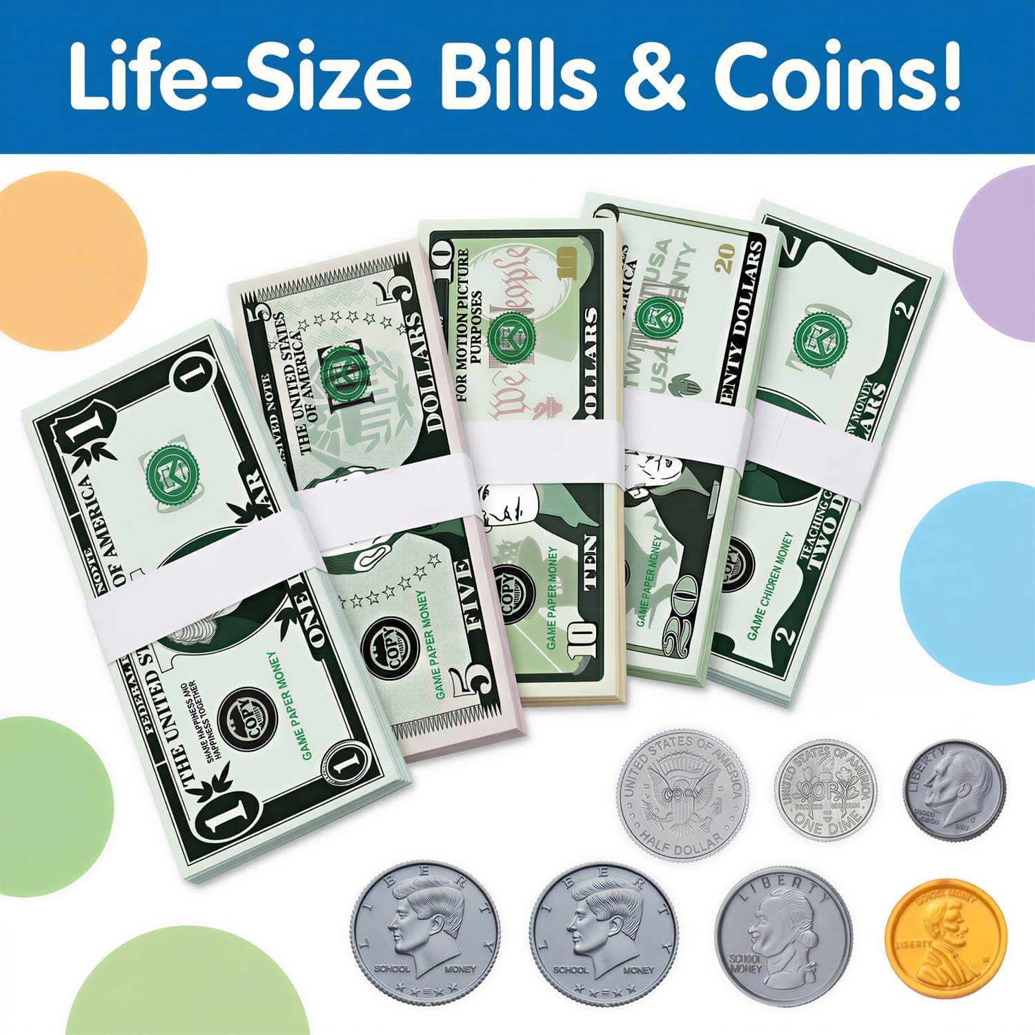 600 Pcs Fake Money for Kids - Realistic Play Money Bills & Plastic Coins - Math Manipulatives & Classroom Currency Set for Grocery Store, Bank, & Board Games - Educational Counting Toy, Ages 3+