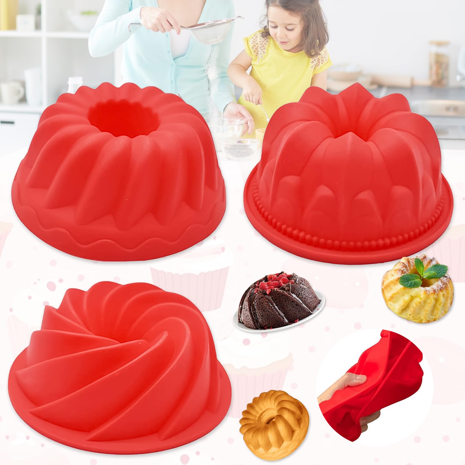 Lot De 2 Moules à Kouglof En Silicone - Diamètre 16,5 Cm, Bleu Et Rose, Avec Spatule Et Brosse, Réutilisables - 7