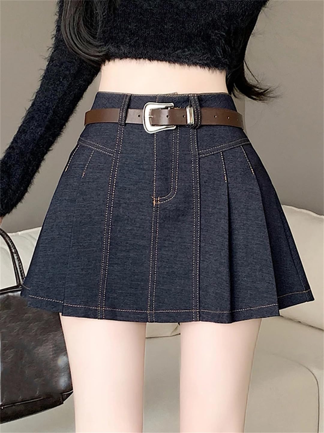 Gonna a pieghe in denim da donna estiva vintage a vita alta svasata casual all-match gonna al ginocchio