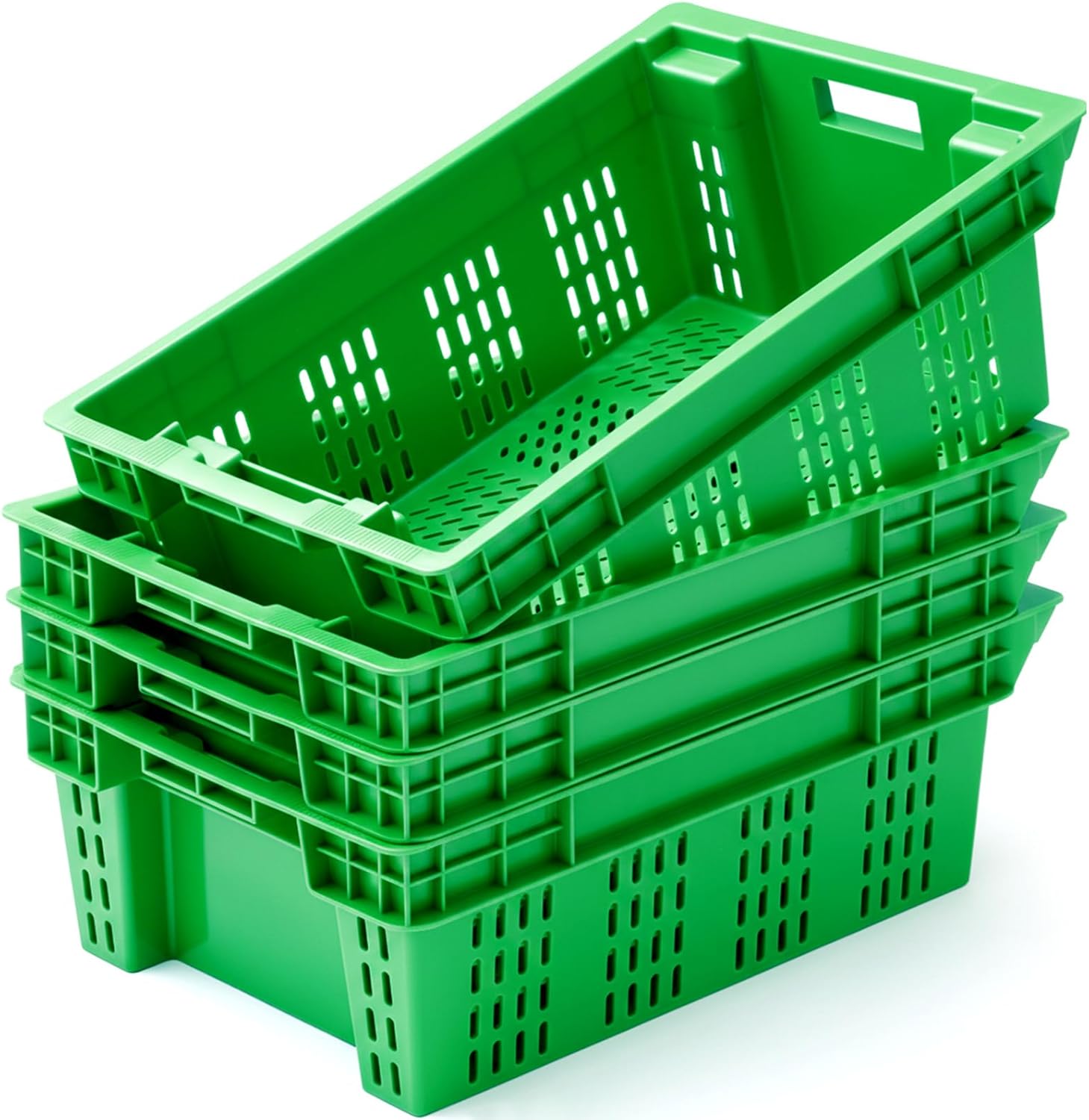 4 Pack Handled Storage Container Totes 23.6" x 16" x 8" Agricultural Nest and Stack Vented Crates Blue Milk Crates Boxes for Farmer Market Warehouse Retail Storage Logistics Transportation