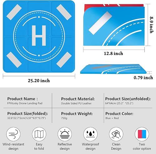 FPVtosky Nighttime Reflective Drone Landing Pad, Large 25.2"(64cm) Fast-fold Double Sided Waterproof Landig Pad Weighted for DJI Mavic 3/Mini 4 Pro/Air 3/Avata/FPV/Phantom Drones,Drone Accessories - 9