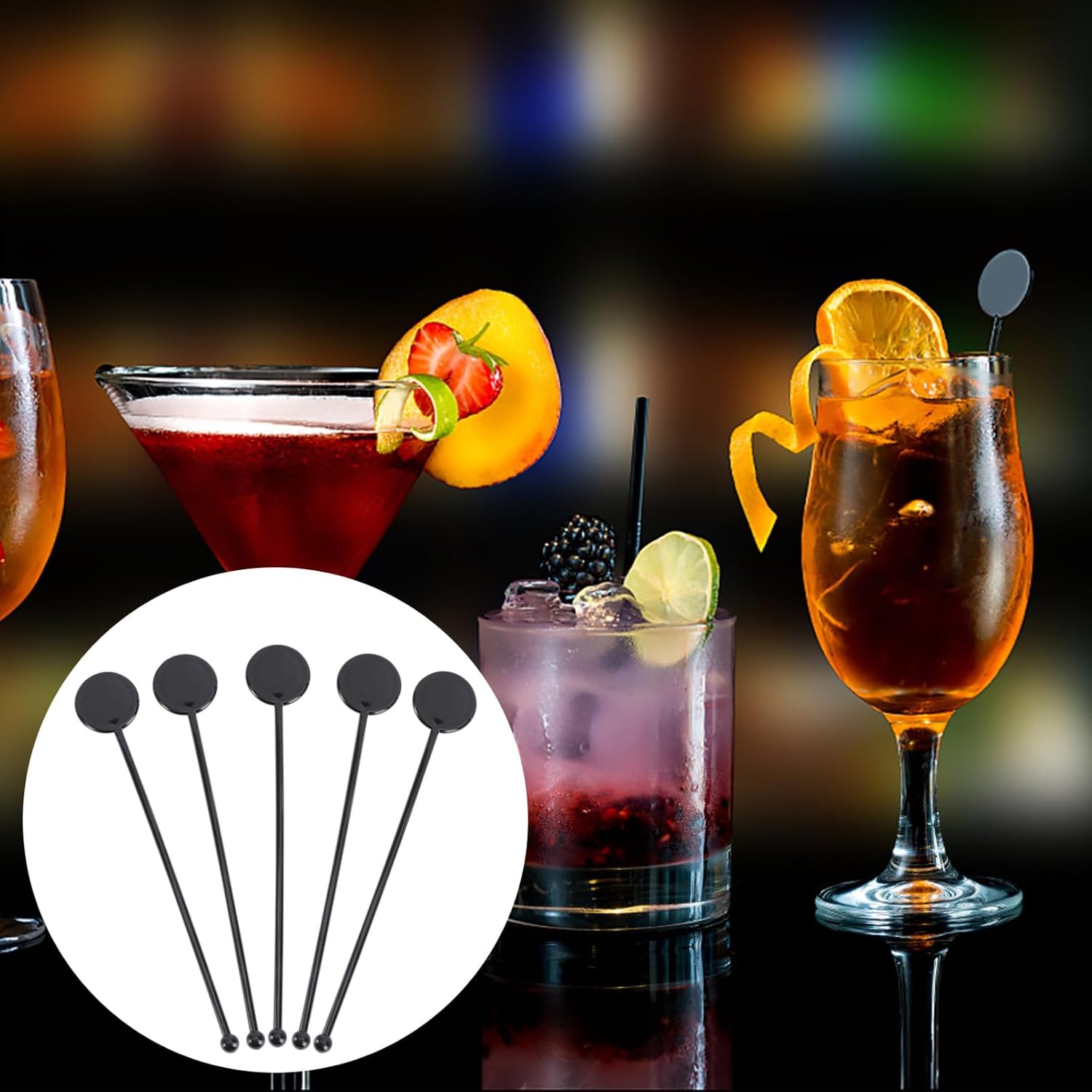 COLLBATH Plastic Drink Muddler Stirring Rods Black Swizzle Sticks for Cocktails and Beverages for Mojitos and Old Fashioneds Essential Bartending Accessory