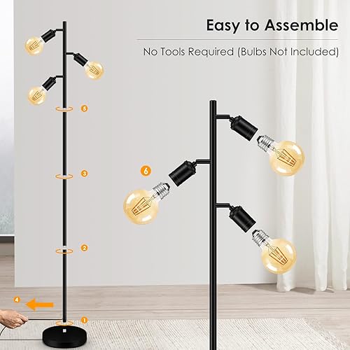 Miniatura 5 de BoostArea - Lámpara de pie industrial, moderna lámpara de pie de árbol con 3 luces ajustables, enchufe E26, interruptor de pie, de metal,