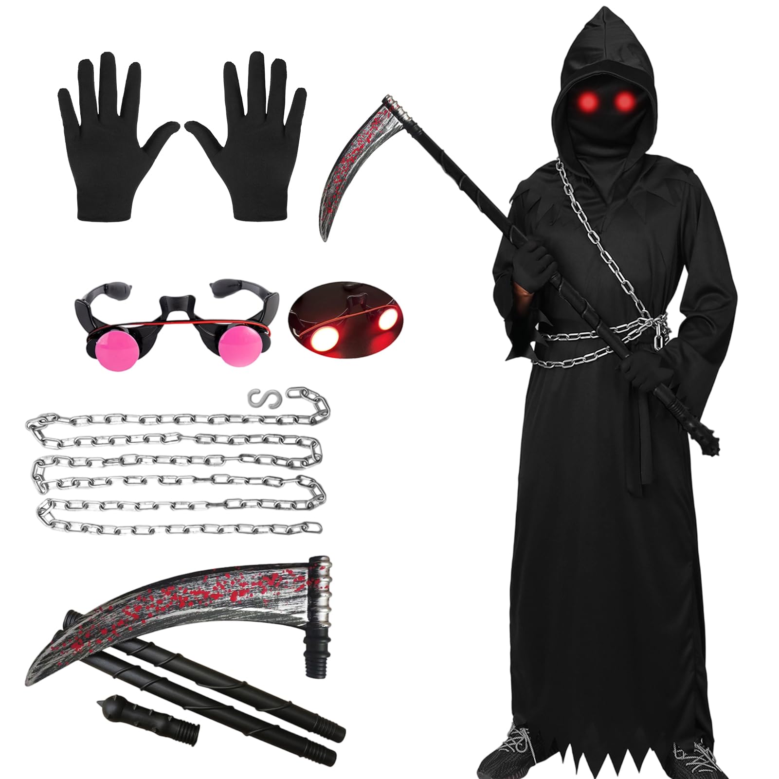 SERTAS Grim Reaper Halloween Costume with Glowing Red Eyes for Kids Boys 7 Pcs Halloween Grim Reaper Costume Set including Glasses Scythe Chain Belt (A
