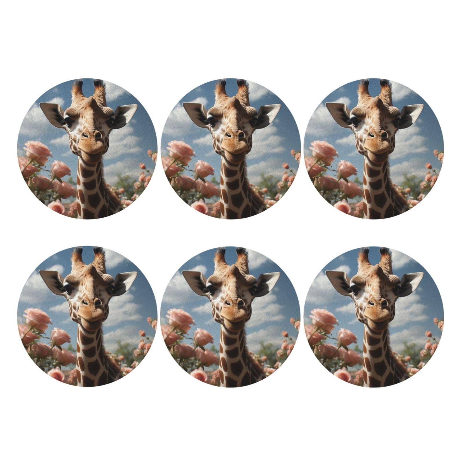 6pcs Leather Coasters for Drinks, Beautiful Giraffe Drink Coasters for Tabletop Protection, 4" Cup Coasters for Coffee Table Decor, Non-Slip Drinking Cup Mat for Hot Or Cold Drink