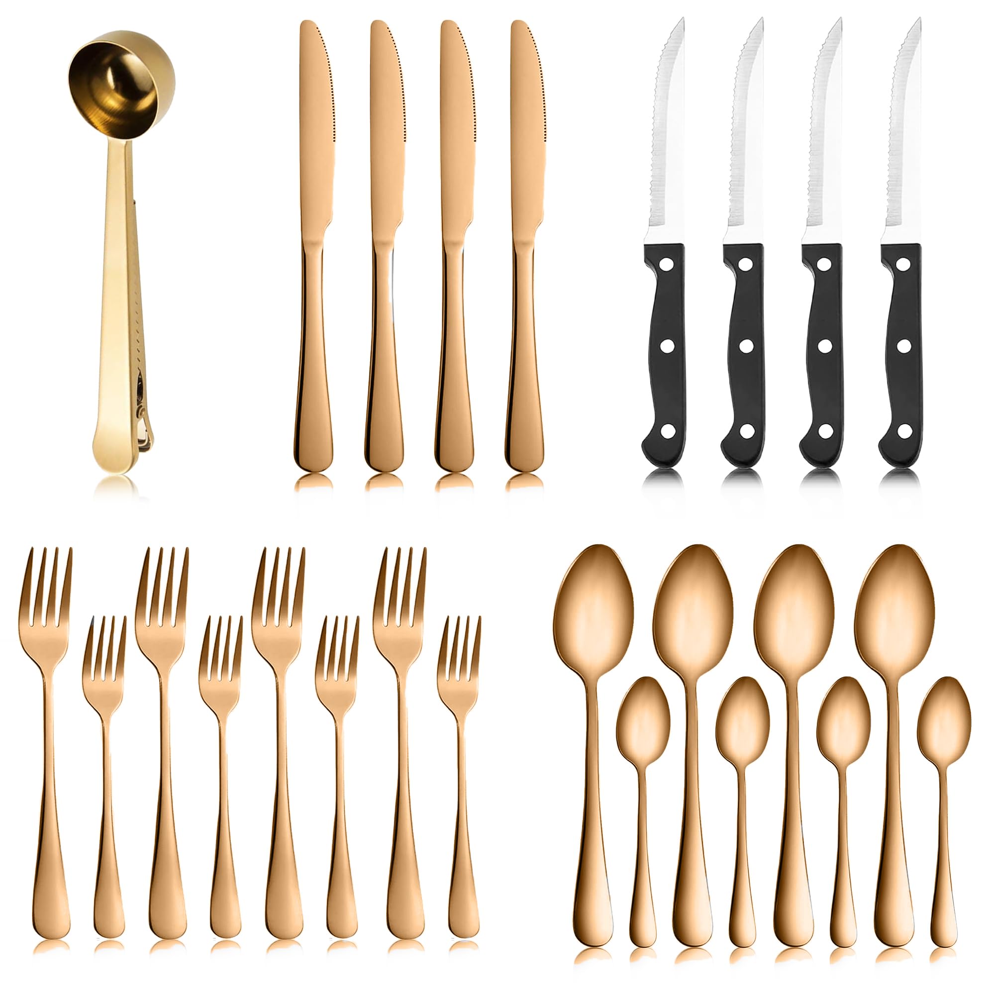 P O X cutlery set for home and kitchen - stainless steel-24 pieces +1 coffee spoon -dishwasher safe-includes spoons knives fork - mirror polished spoon and fork set (golden)