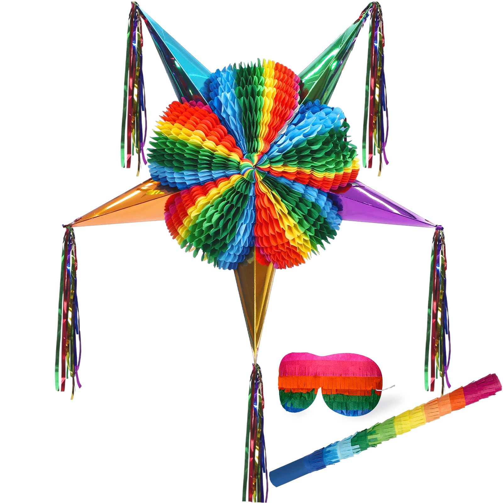 Set di piñata grande da 66 cm con bastone bendato, coriandoli pieghevoli messicani Fiesta Piñata arcobaleno decorazioni a nido d'ape per Cinco De Mayo festa di compleanno Carnevale Taco