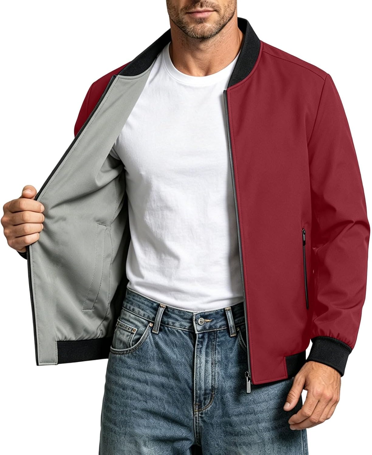 Bomber Jackets for Men Long Sleeve Full Zip Solid Fall Winter Coat Casual Fashion Baseball Jacket with Pockets