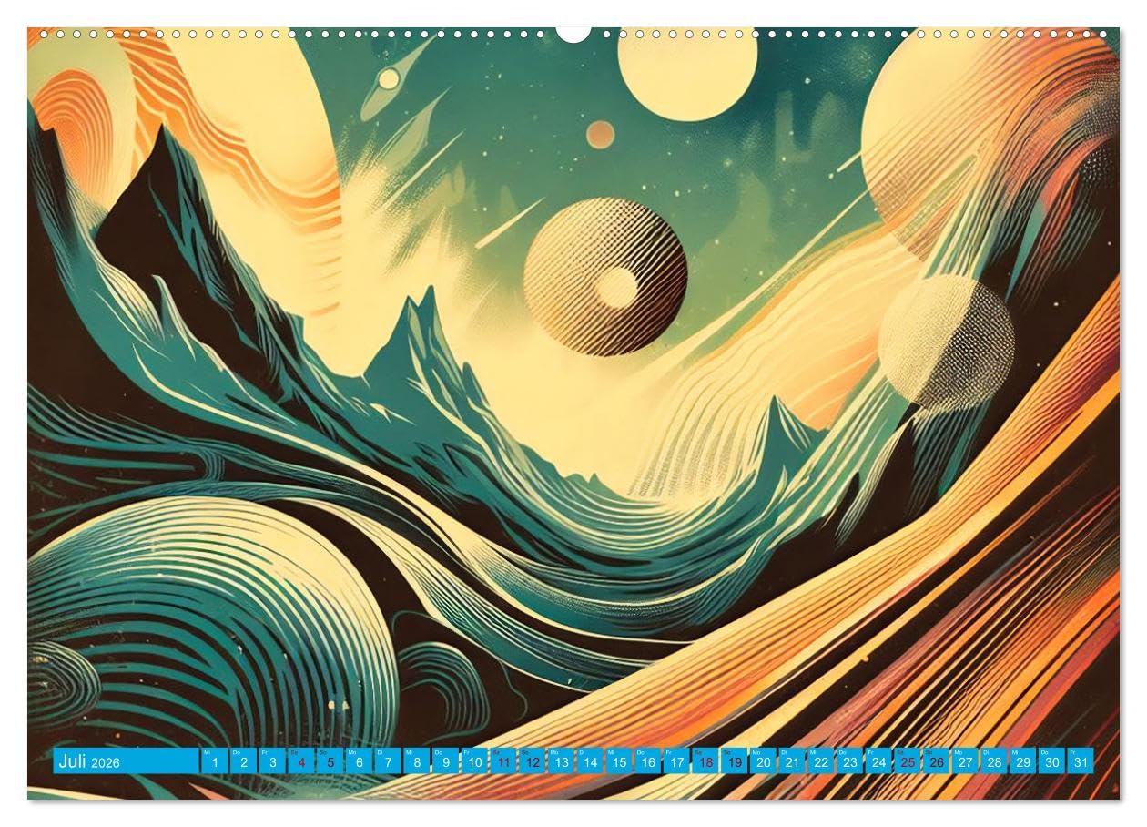 Lost Fiction (hochwertiger Premium Wandkalender 2026 DIN A2 quer), Kunstdruck in Hochglanz: Zukunftsvisionen im Stil der 70er Jahre (CALVENDO Spass)