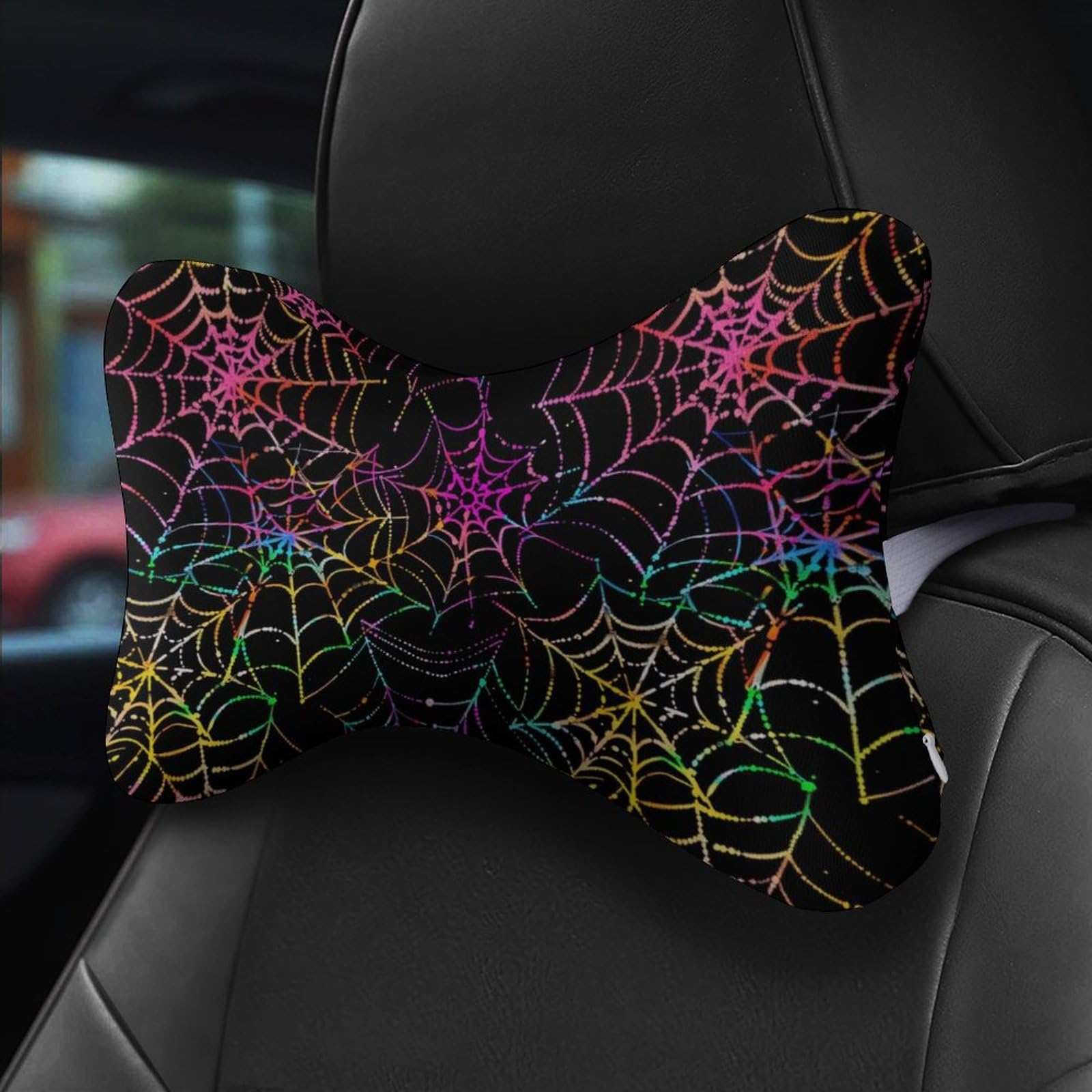 SMAZDFXX Colorful Neon Spider Web Halloween Car Neck Pillow Set of 2 Car Seat Head Support Cushion Bone Pillows with Elastic Strap