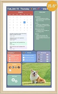 15.6-Inch Smart Digital Calendar & Photo Frame for Family, Wall Planner with Light Wood Frame, Auto-Sync to Apple, Google & Outlook, Touchscreen Display with Chore Chart, To-Do Lists & Meal Planner, No Subscription