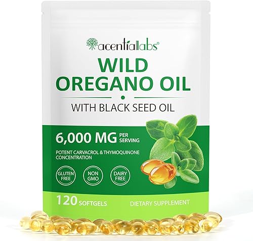 Aceite de orégano con aceite de semilla negra, 60 cápsulas de aceite de orégano, suplemento herbario natural 2 en 1 para apoyo inmunológico y