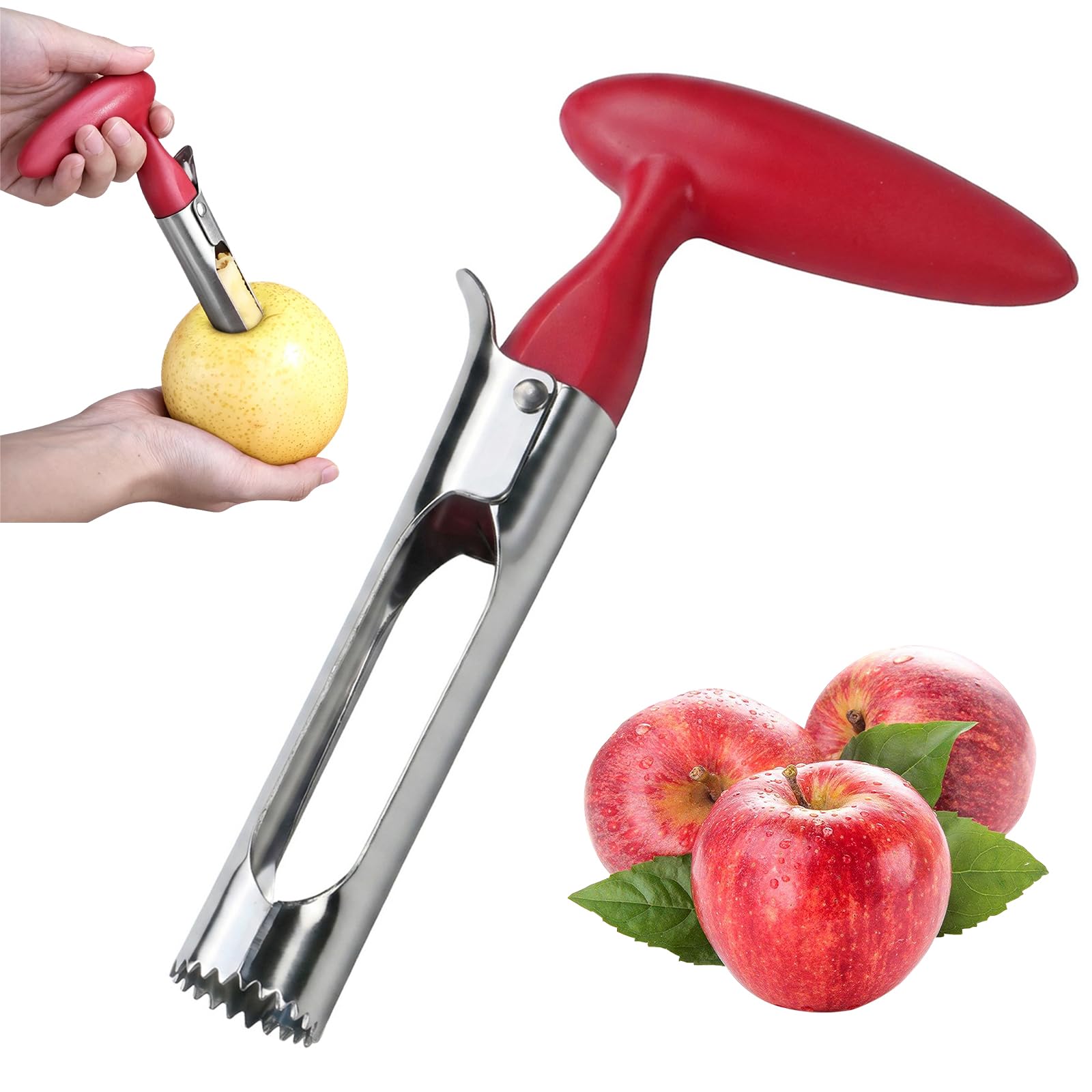 Merzio Apple Corer Tool, Stainless Steel Apple Corer Remover Sharp Serrated Blade for Apples, Pears & Bell Peppers, Dishwasher Safe Kitchen Gadget (Red)