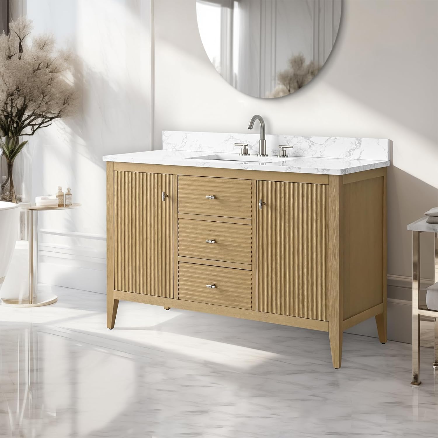 Vanity Art 48 inch Oak Bathroom Vanity with Single Sink & Ceramic Top, Vanity Cabinet with Soft-Closing Door, Solid Wood Frame, Linear Pattern, Natural Oak, VA9148-NO-MB,Matte Black Handles