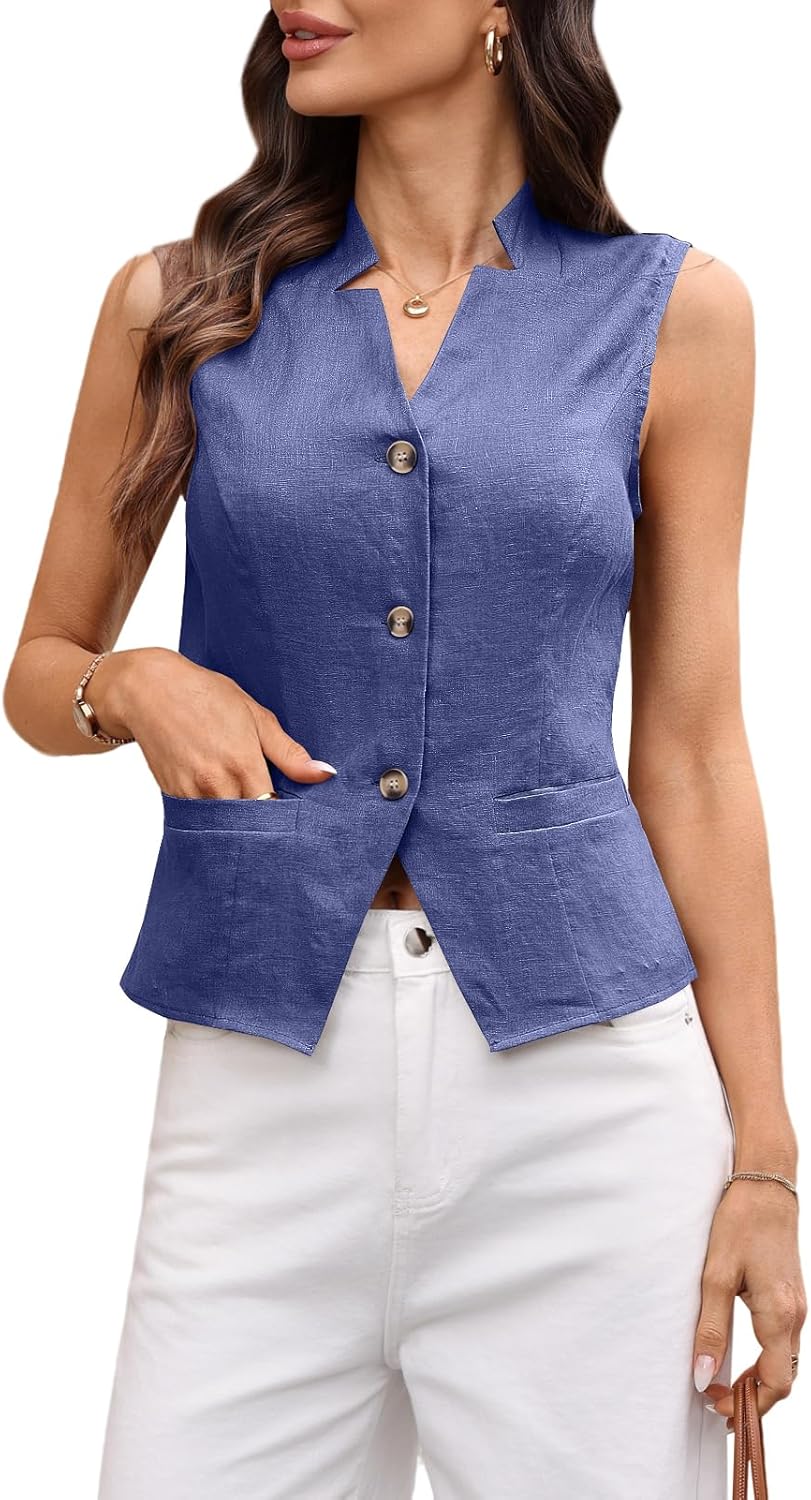 Women's 100% Linen Vest Tops Notch Collar Back Tie Button up Blazer Suit Vest 2026 Summer Waistcoat with Pocket
