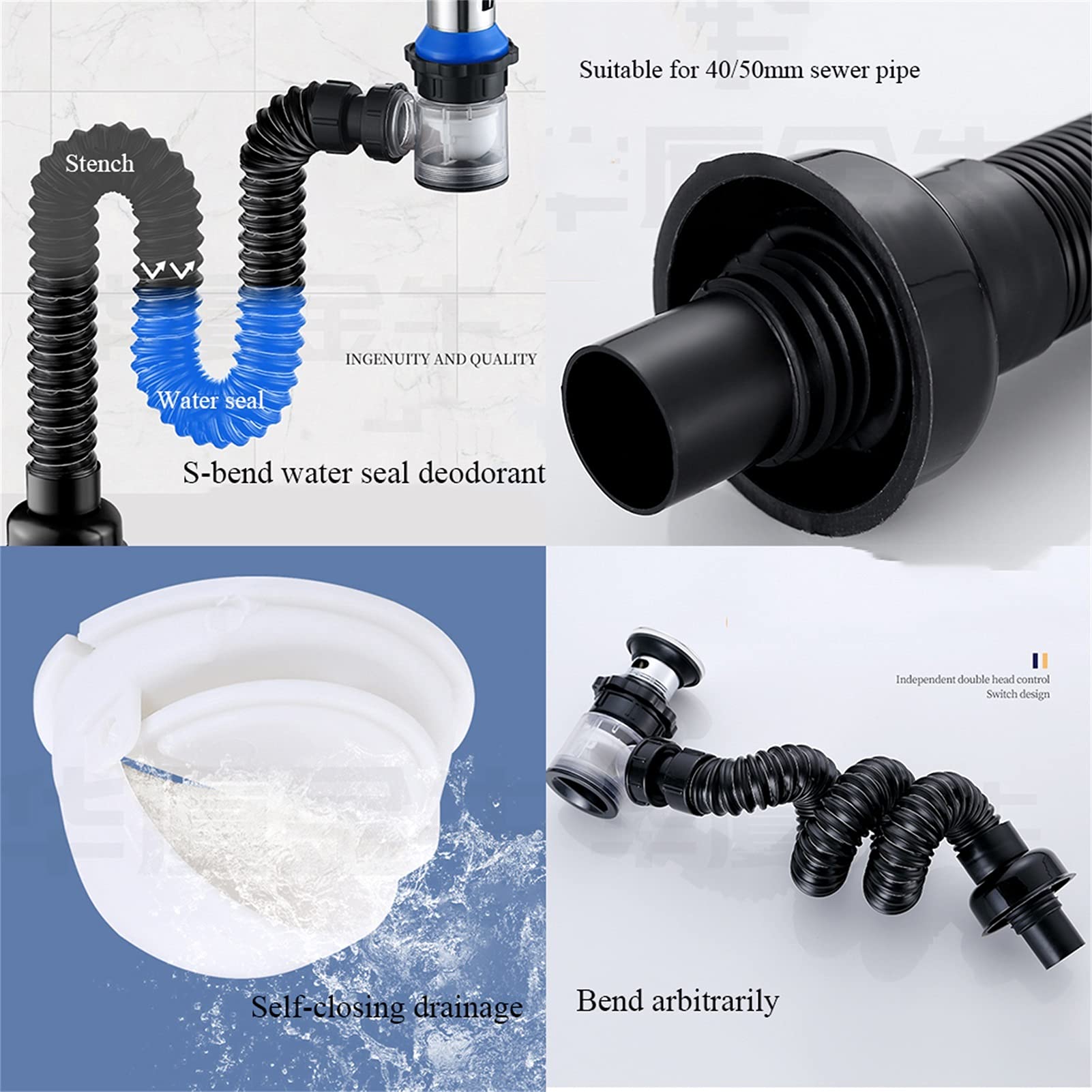 Trampa de Botella, Sellado Antiolor Antibloqueo Accesorios para fregaderos Drenaje de Pared/Suelo Universal Durable Lavabo Tubo de desagüe (Color : Negro, tamaño : B)