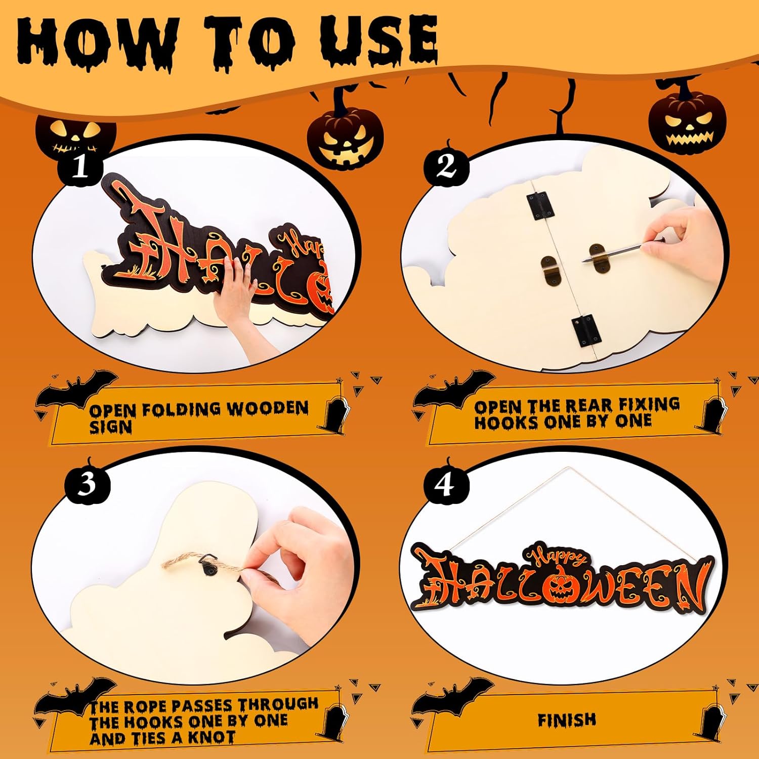 Yousoontic Large Gothic Happy Halloween Wooden Yard Sign Giant Black Orange Trick or Treat Porch Signs Wall Decor for Fence Garage Outdoor Backdrop Props(47.2 x 11.8 Inch)