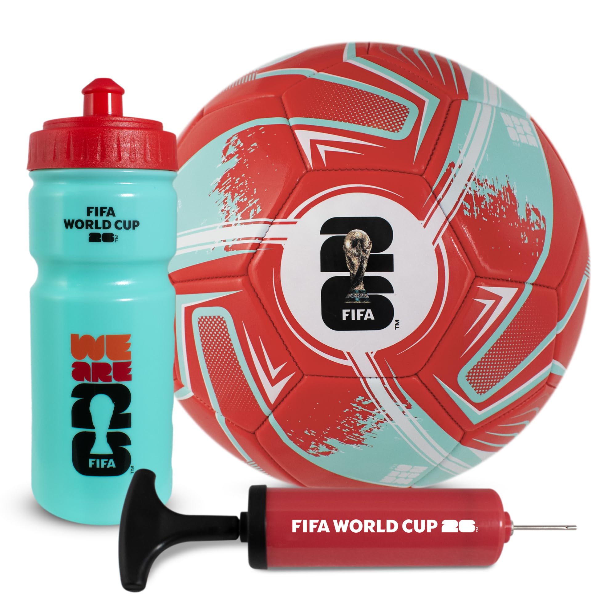 Hy-Pro Officially Licensed FIFA World Cup 2026 Football Gift Set - Size 5 Ball with Football Pump & 500ml Bottle - Gifts for Boys and Girls, Red & Cyan FIFA World Cup 2026 Design