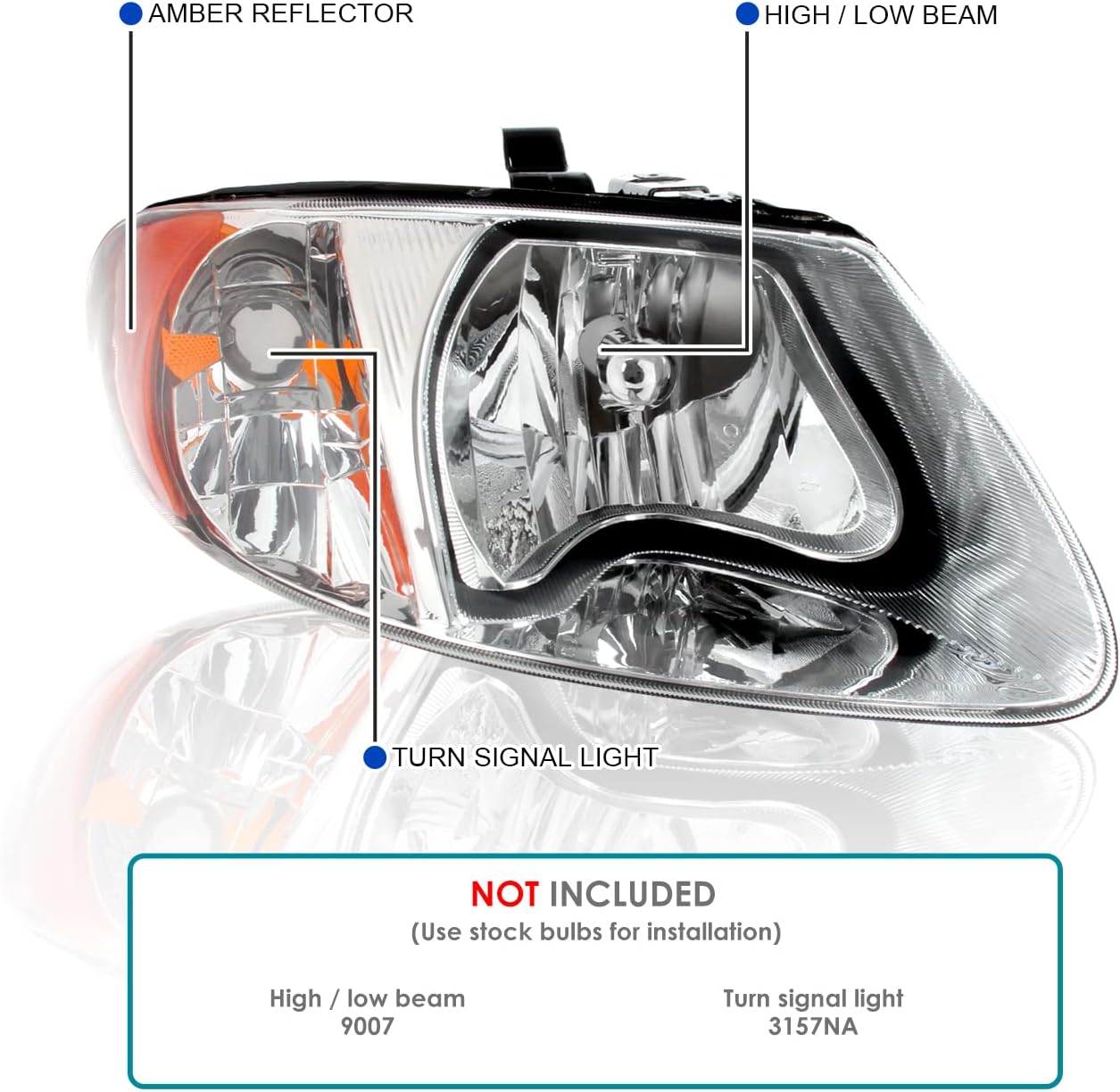 SPEC-D TUNING Chrome Headlights + Amber Reflector Compatible with 2001-2007 Dodge Grand Caravan, Chrysler Town & Country, L+R Pair Head Light Lamp Assembly