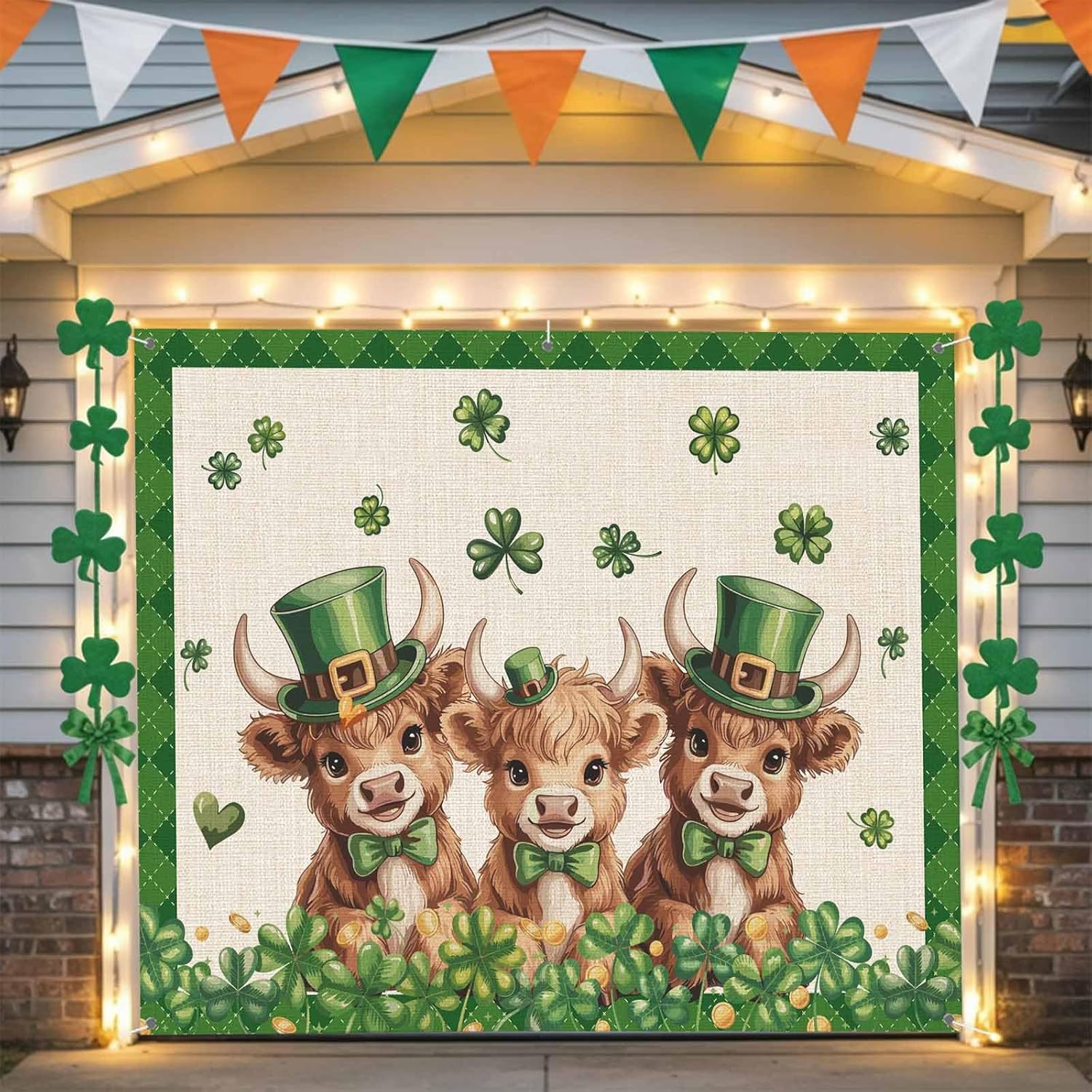 St. Patrick's Day Garage Door Cover 7 x 8 ft Shamrock Cows Hat Linen Spring Garage Door Banner Backdrop Decorations Indoor Outdoor Large Wall Banner Decor for Holiday, Party