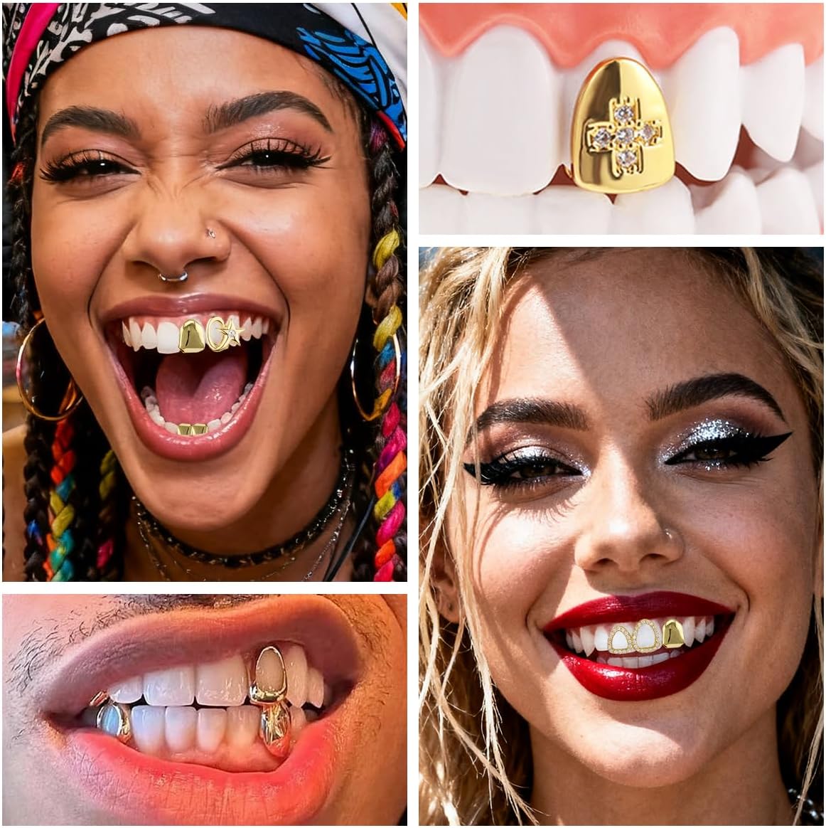 7PCs Grillz for Women Hip-Hop Punk Rhinestones tooth cap Gold Plated Grills for Your Teeth