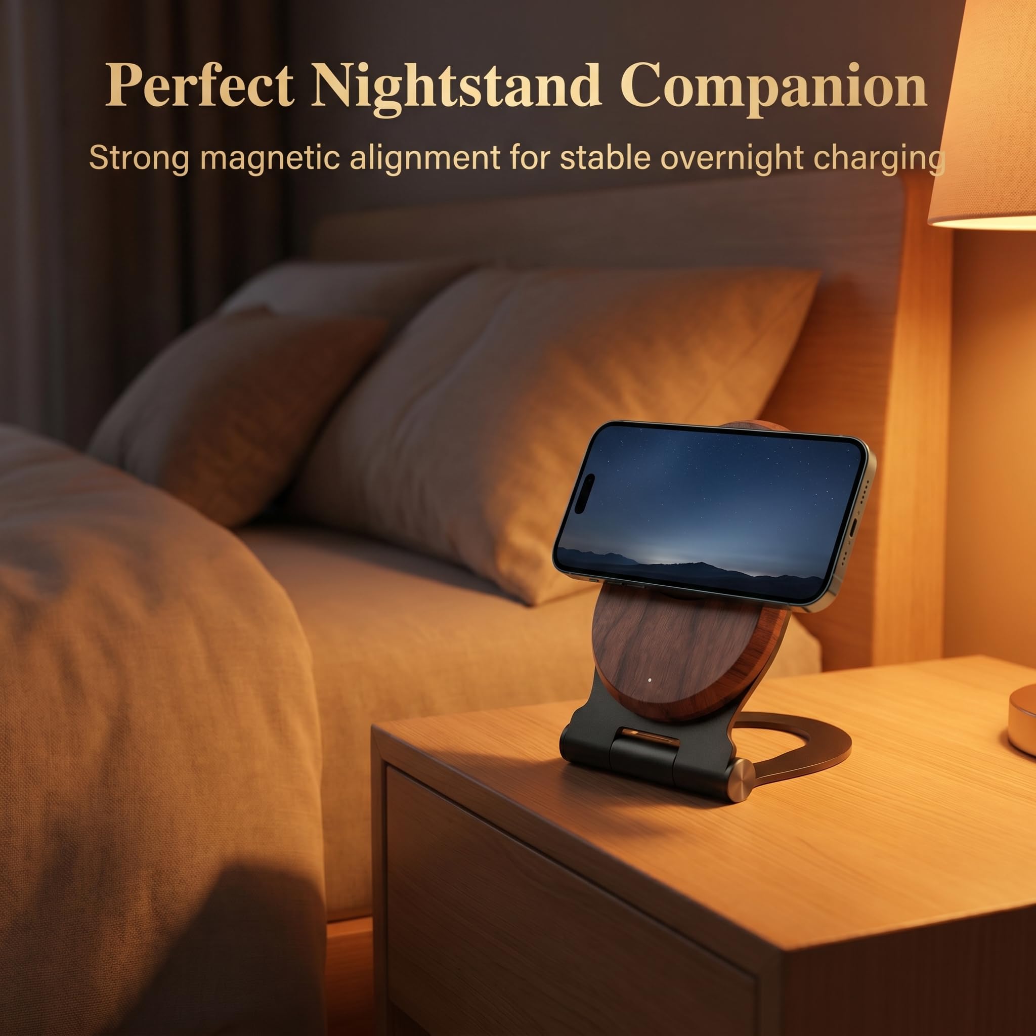Soporte magnético de madera de nogal, base de carga rápida plegable de 15 W con ángulo ajustable de 0 a 85°, compatible con MagSafe para iPhone 17/16/15/14/13/12, decoración de escritorio y