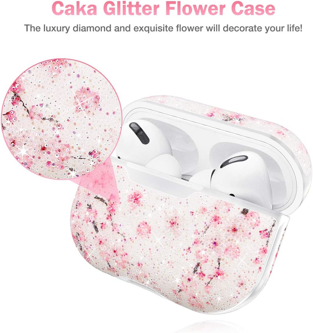 Caka Glitter Case for AirPods Pro Case Crystal Diamond Rhinestone Women Girls Flower Bling Sparkle Shiny Protective Shockproof with Keychain Case Cover for AirPods Pro (Cherry)