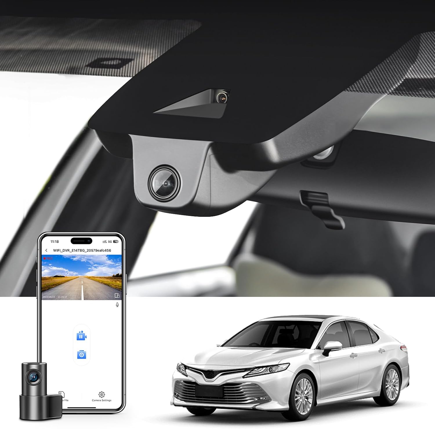 4K Dash Cam Custom fit for Toyota Camry & Camry Hybrid 2018 2019 2020 (Model B), LE L XLE SE XSE Sedan 4D etc, Integrated OEM Look, UHD 2160P Video, App & WiFi,Easy to Install, 64GB Card