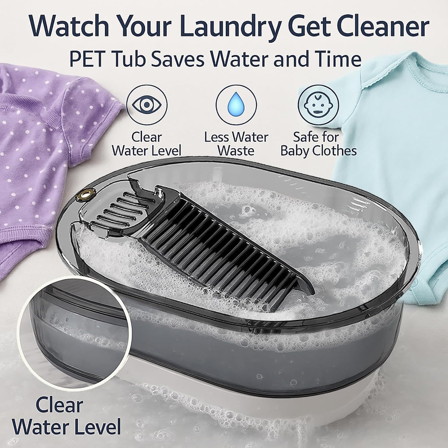 2-in-1 Hand Washing Basin with Washboard - BPA-Free Portable Laundry Tub for Home, Camping, RV,Outdoor - Non-Slip & Durable PET (Gray, 19in)