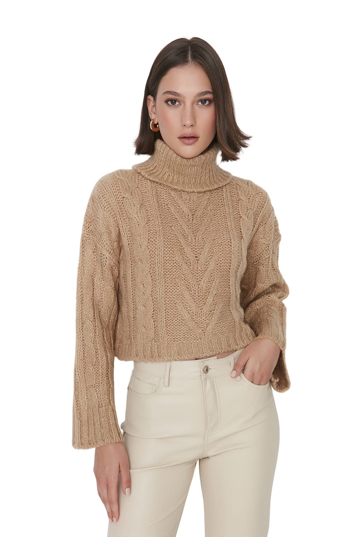 Trendyol Women Regular Basic Turtleneck Knitwear Sweater Camel
