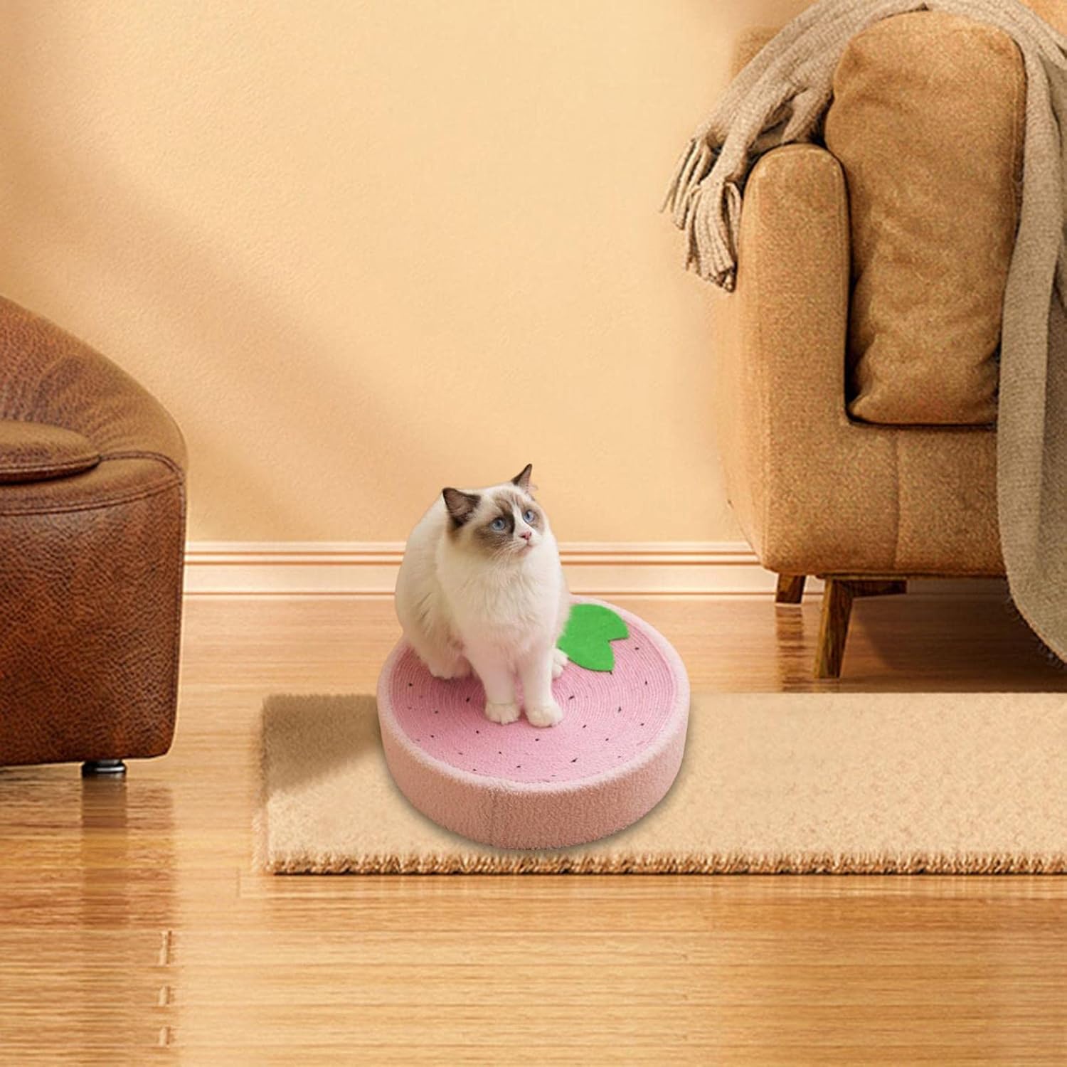 review KLKCS Cat Scratcher Pad, Strawberry, Round, Compact, Multifunctional, Protects Furniture, Great Gift
