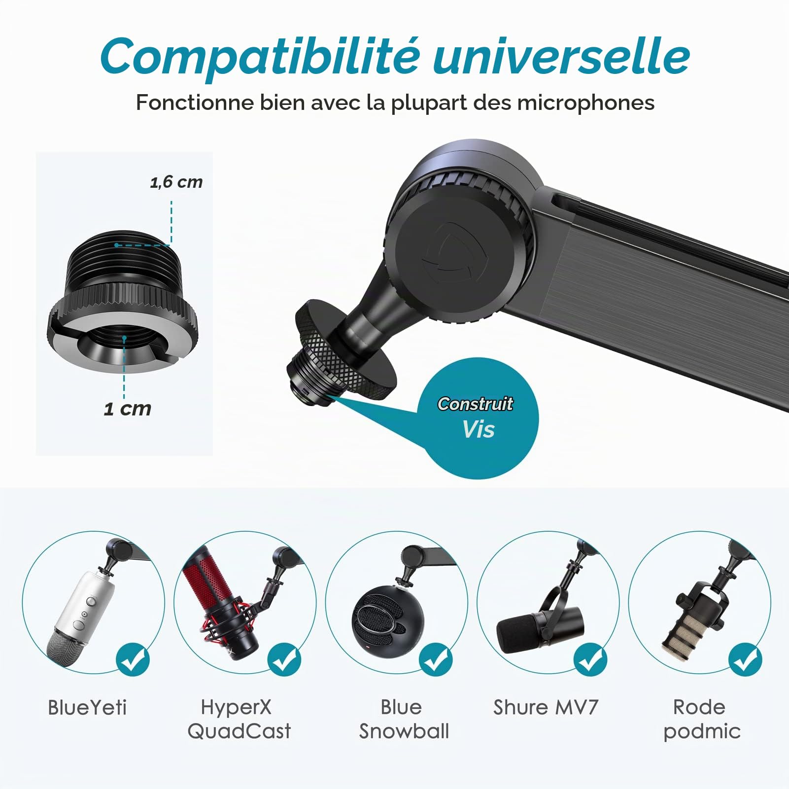 YOUSHARES Bras Micro, Support Micro - Pied de Micro de Qualité Supérieure pour Blue Yeti, Shure MV7+, Rode NT-USB+ PodMic USB, Wave 3, Fifine k658, HyperX QuadCast S, Tubulaire pour Streaming, Gaming