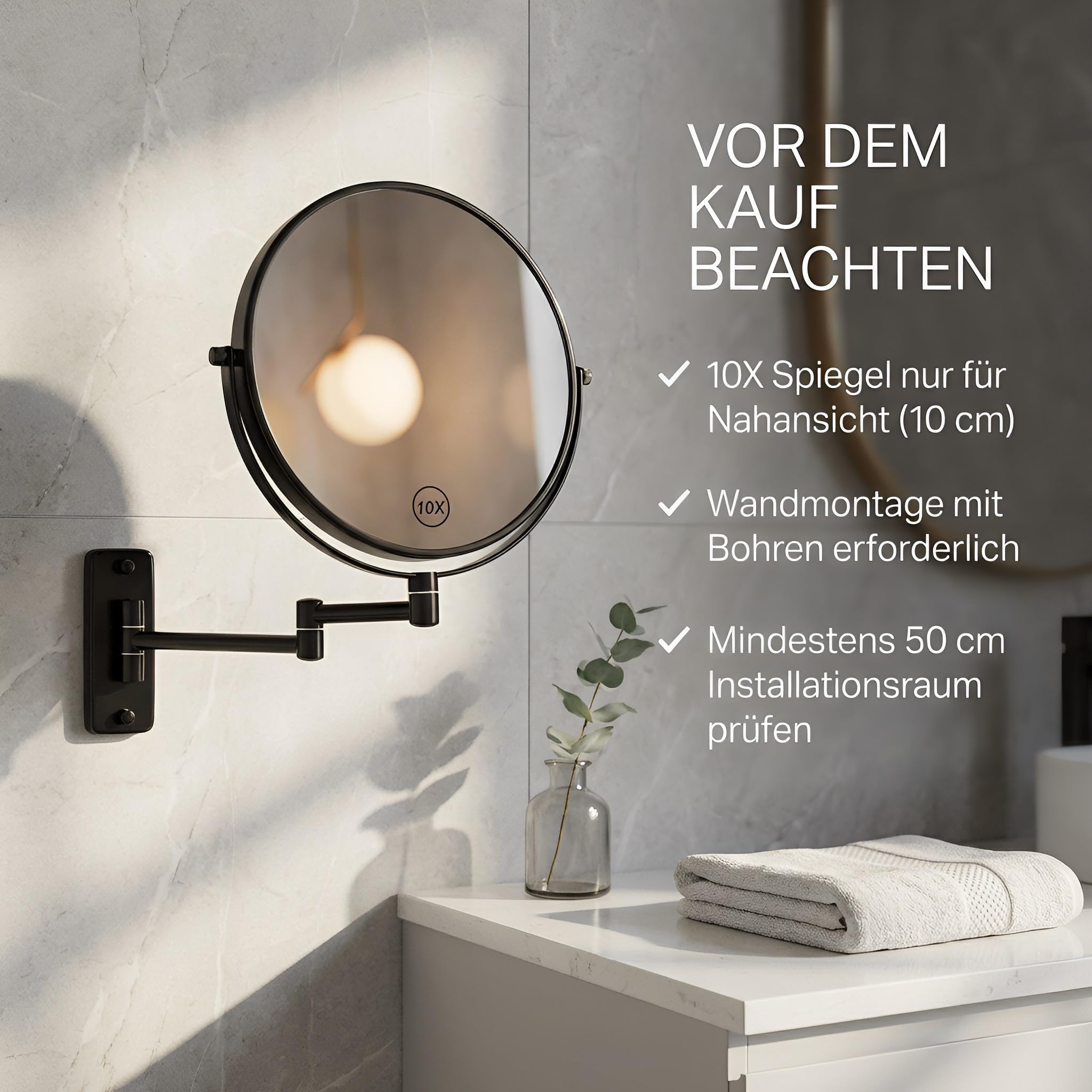 Espejo de maquillaje de 8 pulgadas montado en la pared, 1X/10X, espejo de baño de aumento de doble cara con brazo extensible, espejo giratorio de 360° para baño y maquillaje, negro (sin luz