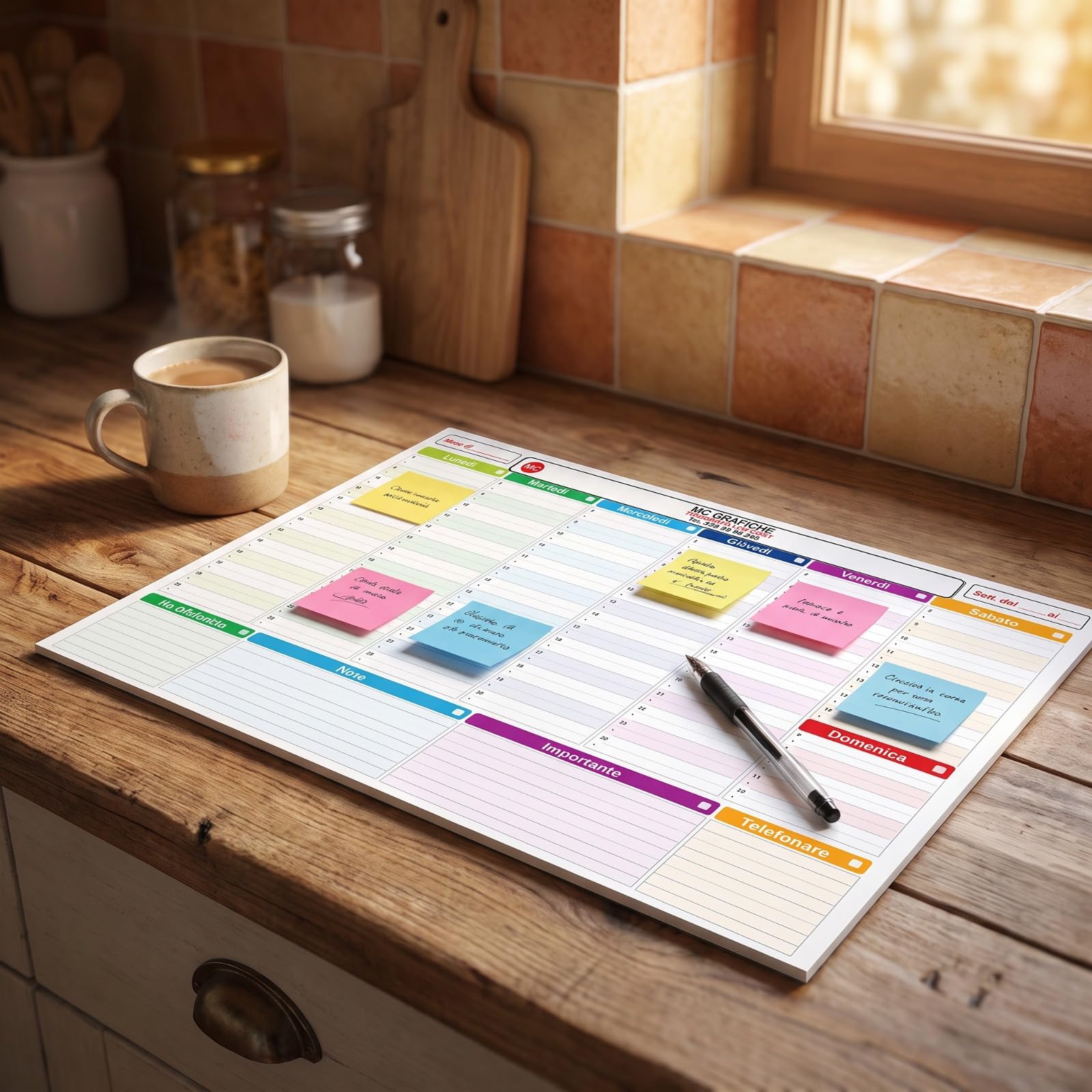 Planner Settimanale Personalizzabile con Logo – 20 Blocchi da 52 Fogli – Planning da Scrivania e Sottomano da Banco 47 x 32 cm – Carta Usomano 100 g – Made in Italy