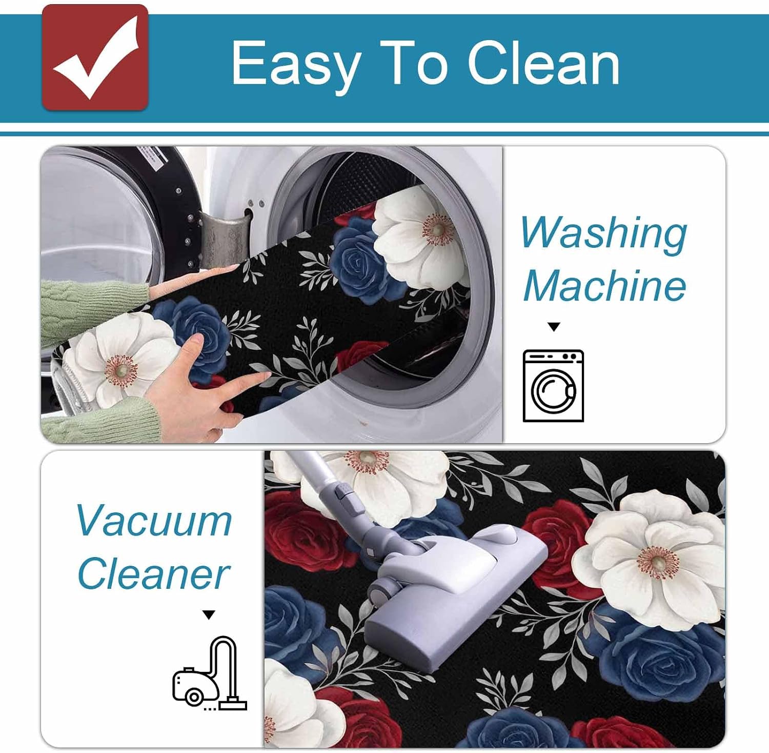Prime Leader Independence Day Kitchen Mat Set 2 Pieces Red Blue White Roses Floral Leaf Black Non Slip Kitchen Rugs Washable Runner Rug Mats for Sink Laundry (19.7" x 31.5"+19.7" x 63")