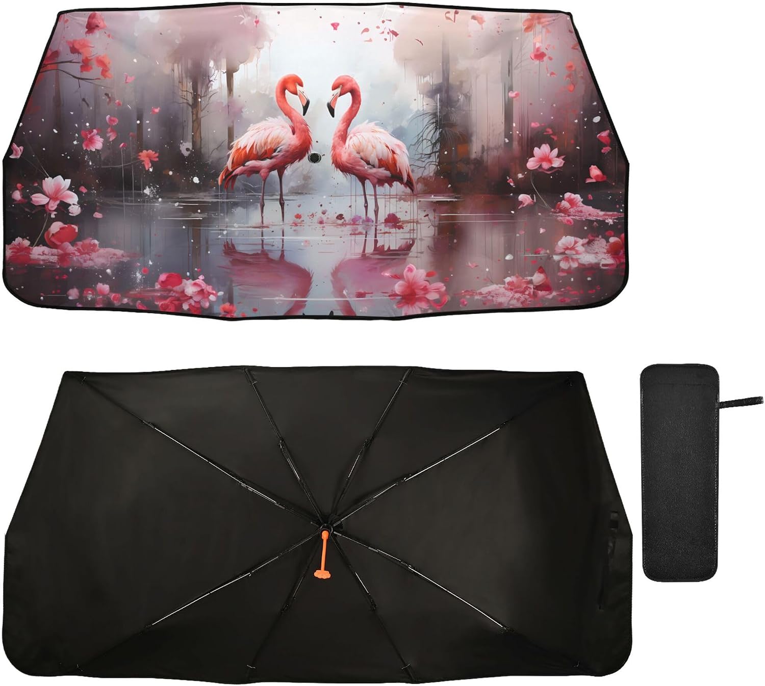 Car Umbrella Sun Shade Cover, Flamingos and Flowers Umbrella Sun Shade for Car Truck Window Front Windshield, Blocks UV Rays Sun Visor Protector Sun Heat Reflector to Keep Your Vehicle Cool