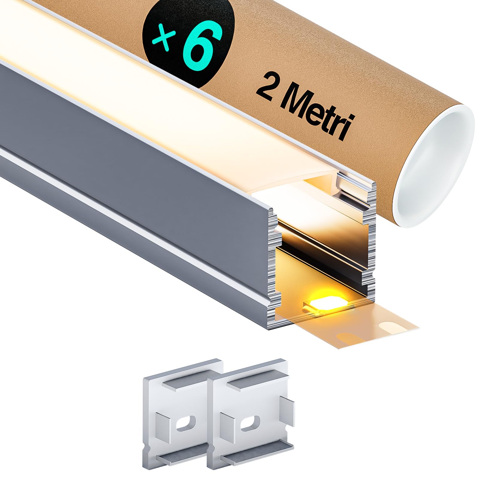 Profilo trasparente in alluminio per nastro LED 6 x 2 m profilo in alluminio LED V U forma profilo con coperchio bianco crema canale alluminio Led e diffusore LED (6, SP33-U-Profilato)